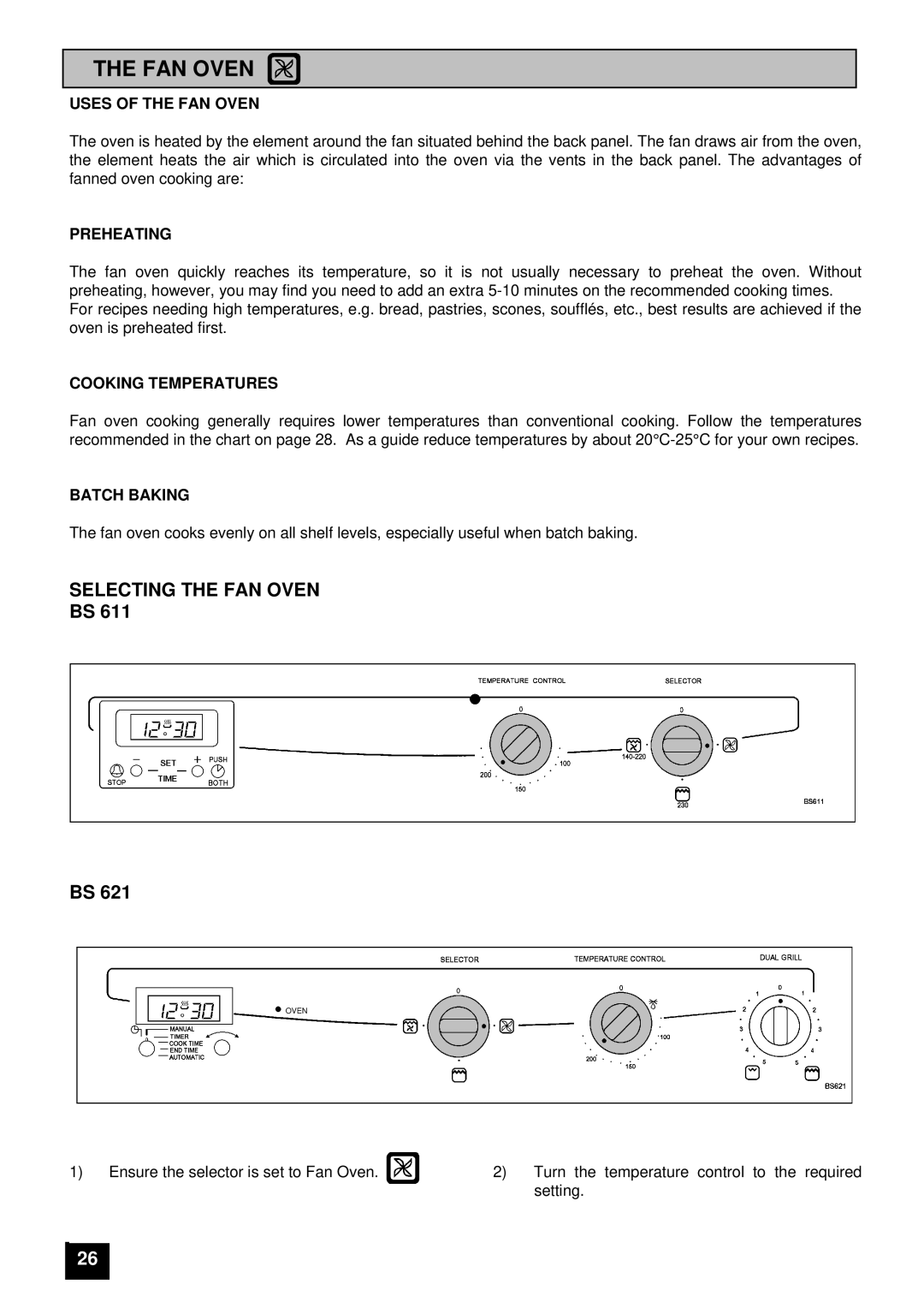 Tricity Bendix BS 611/BS 621 installation instructions Selecting the FAN Oven 