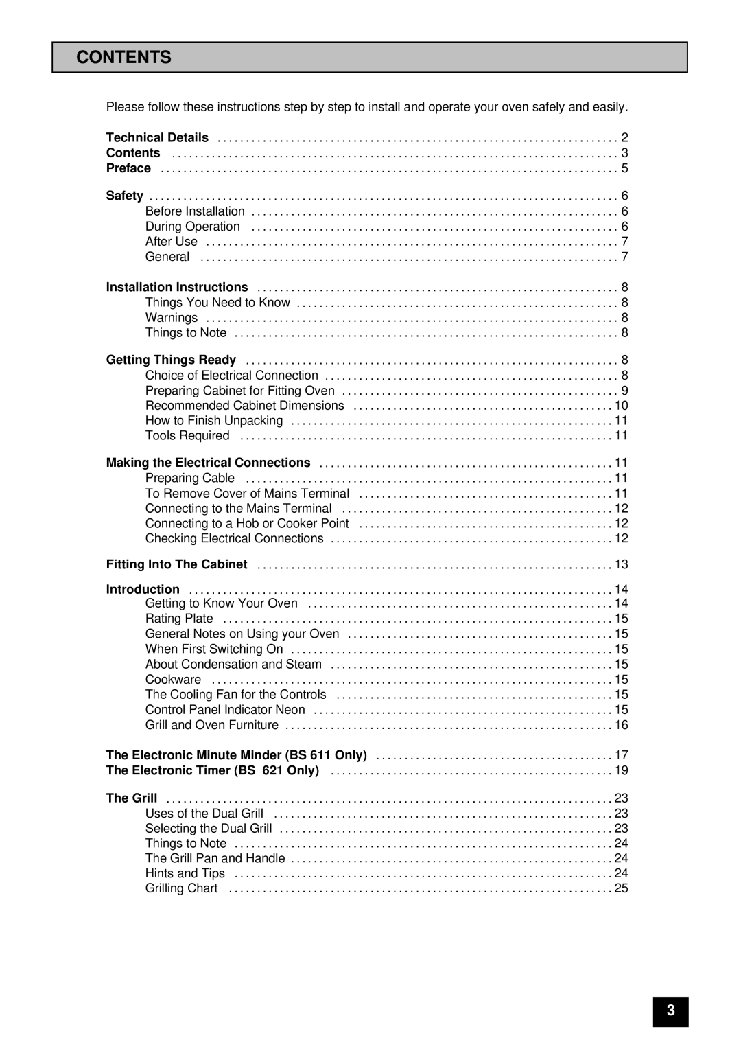 Tricity Bendix BS 611/BS 621 installation instructions Contents 