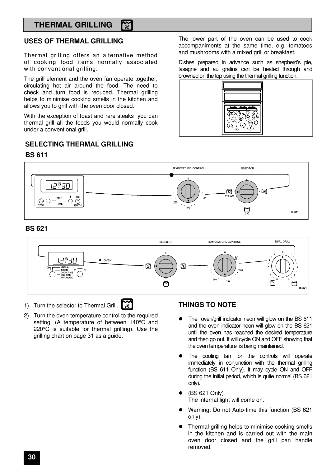 Tricity Bendix BS 611/BS 621 installation instructions Uses of Thermal Grilling, Selecting Thermal Grilling BS 