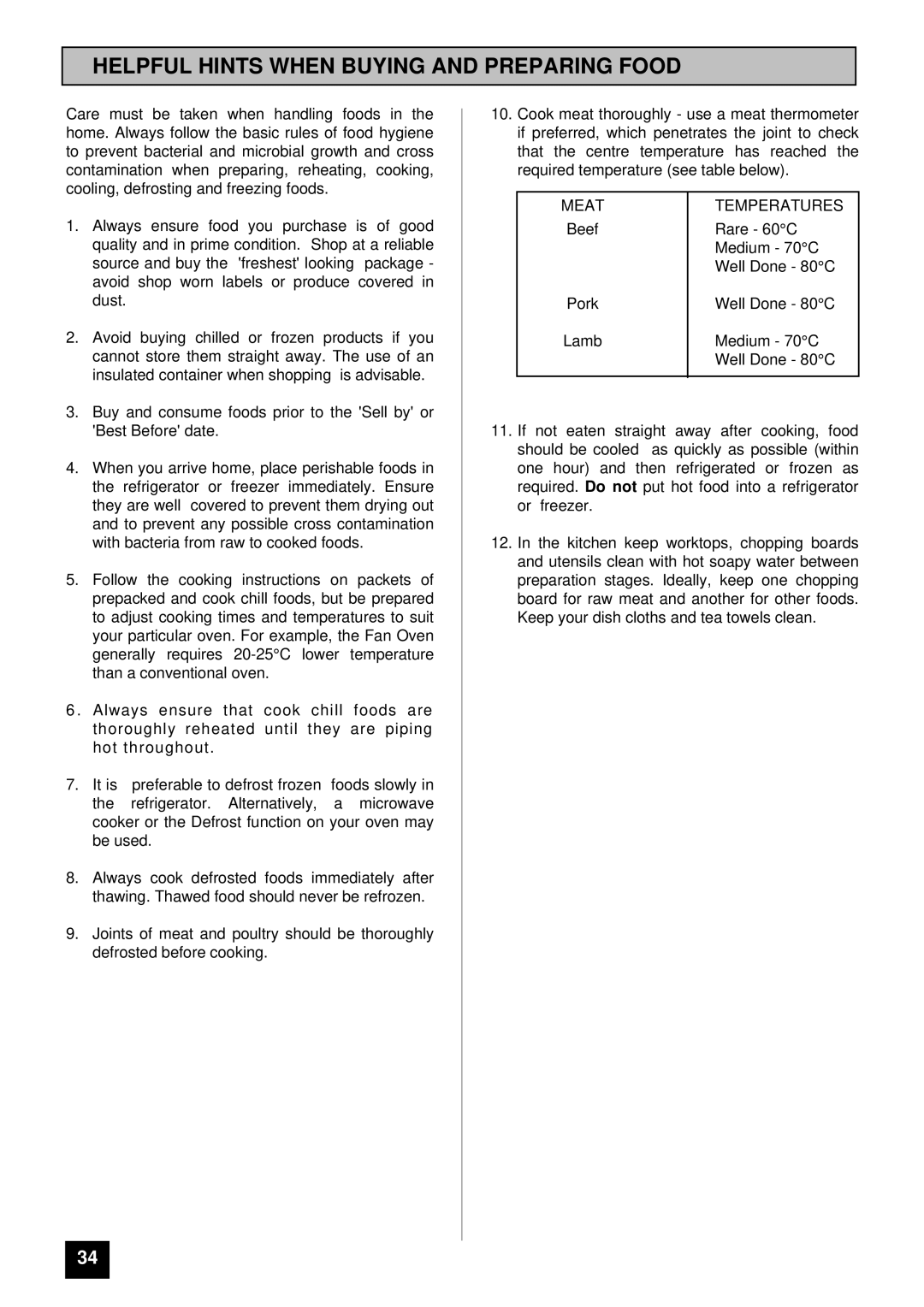 Tricity Bendix BS 611/BS 621 installation instructions Helpful Hints When Buying and Preparing Food, Meat Temperatures 