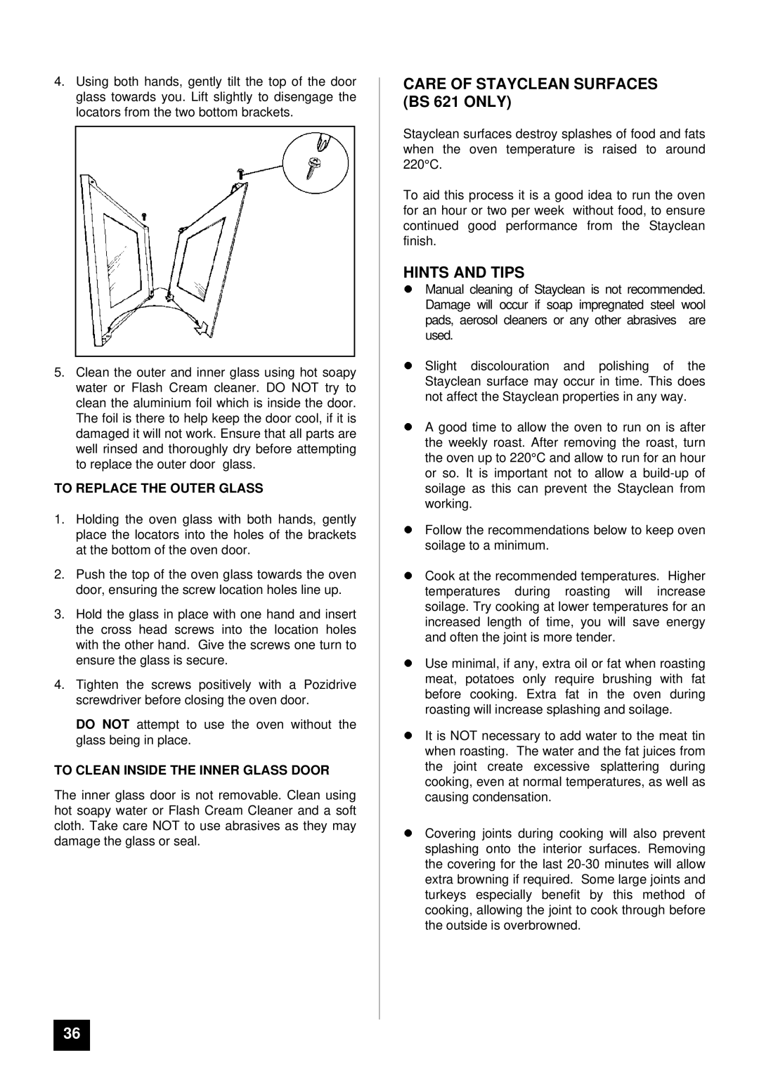 Tricity Bendix BS 611/BS 621 installation instructions Care of Stayclean Surfaces BS 621 only, To Replace the Outer Glass 