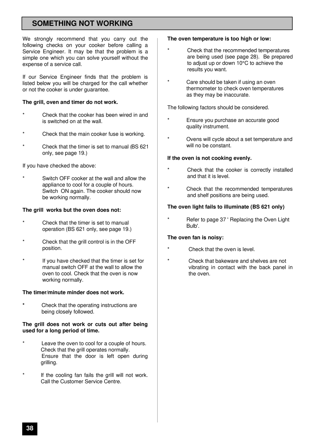 Tricity Bendix BS 611/BS 621 installation instructions Something not Working, Grill, oven and timer do not work 