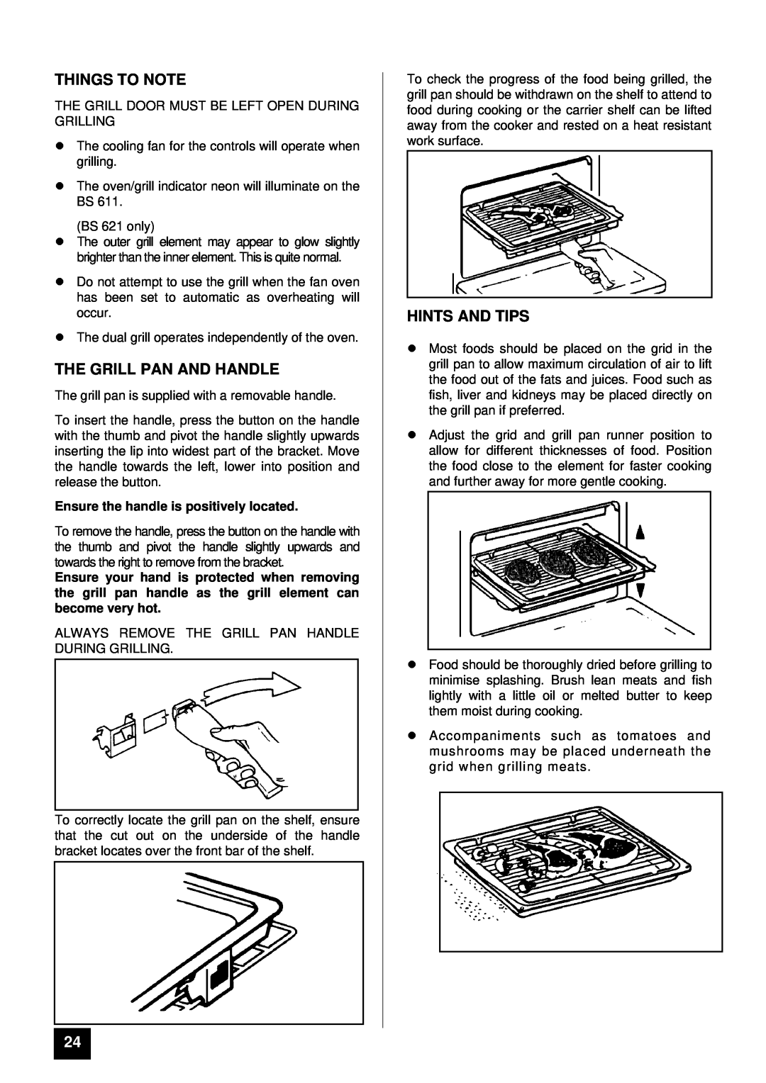 Tricity Bendix BS 611/BS 621 installation instructions Things To Note, The Grill Pan And Handle, Hints And Tips 