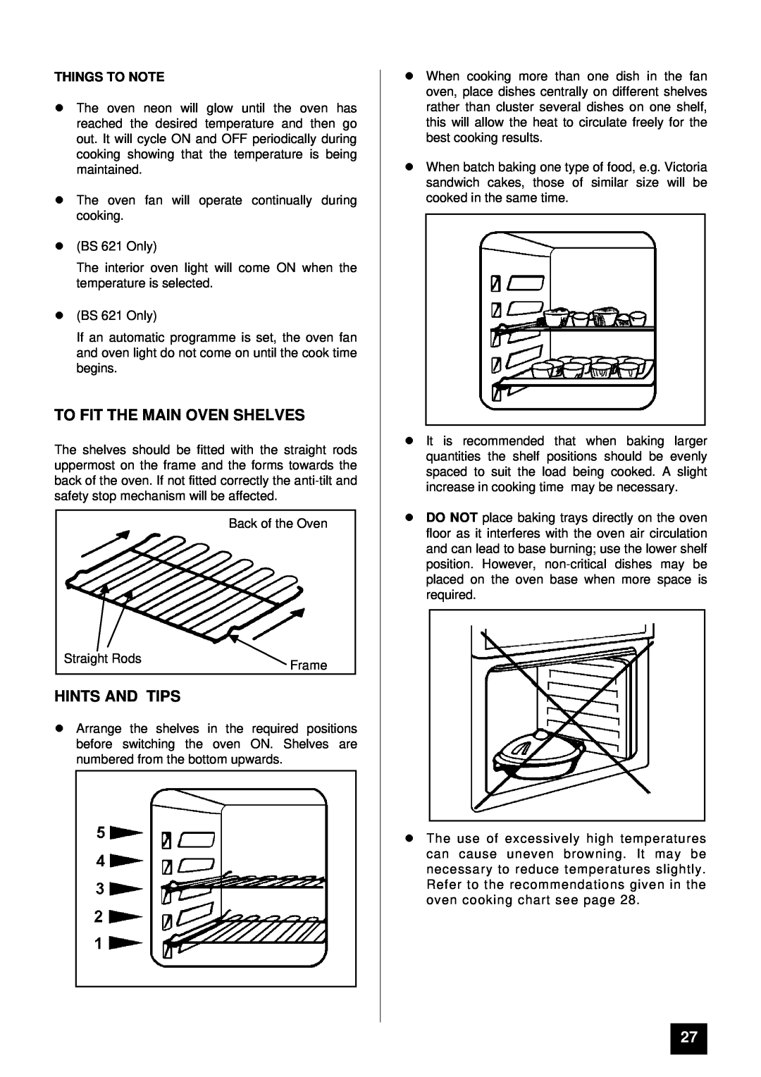 Tricity Bendix BS 611/BS 621 installation instructions To Fit The Main Oven Shelves, lHINTS AND TIPS, Things To Note 