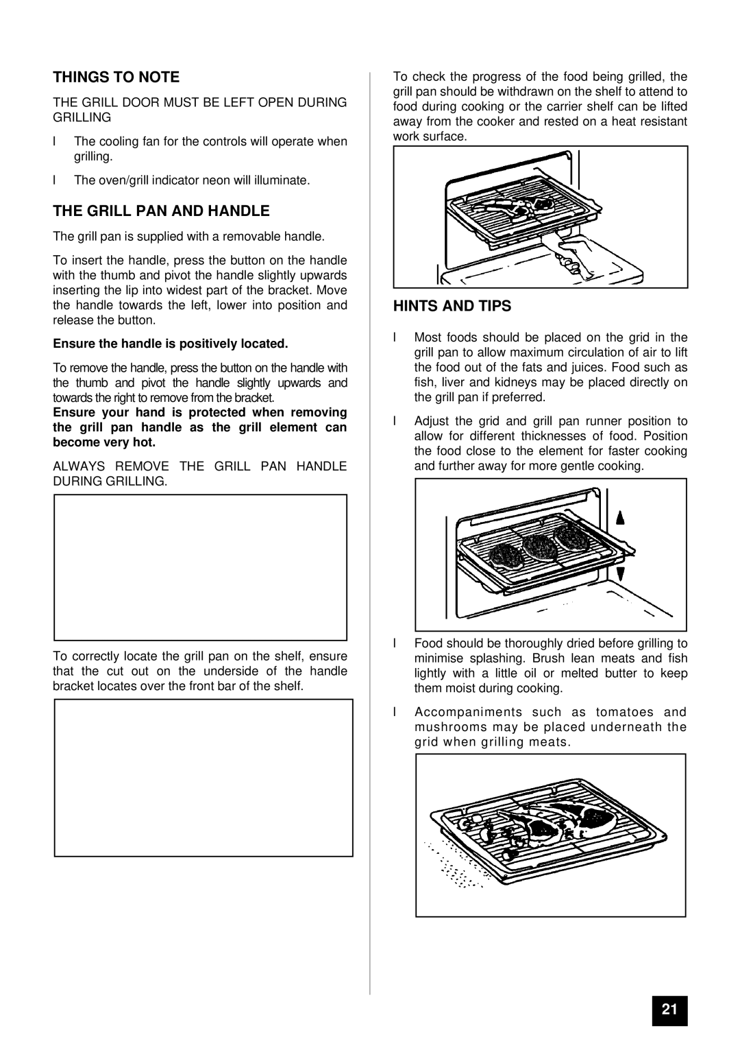 Tricity Bendix BS 612/2 Grill PAN and Handle, Hints and Tips, Grill Door Must be Left Open During Grilling 