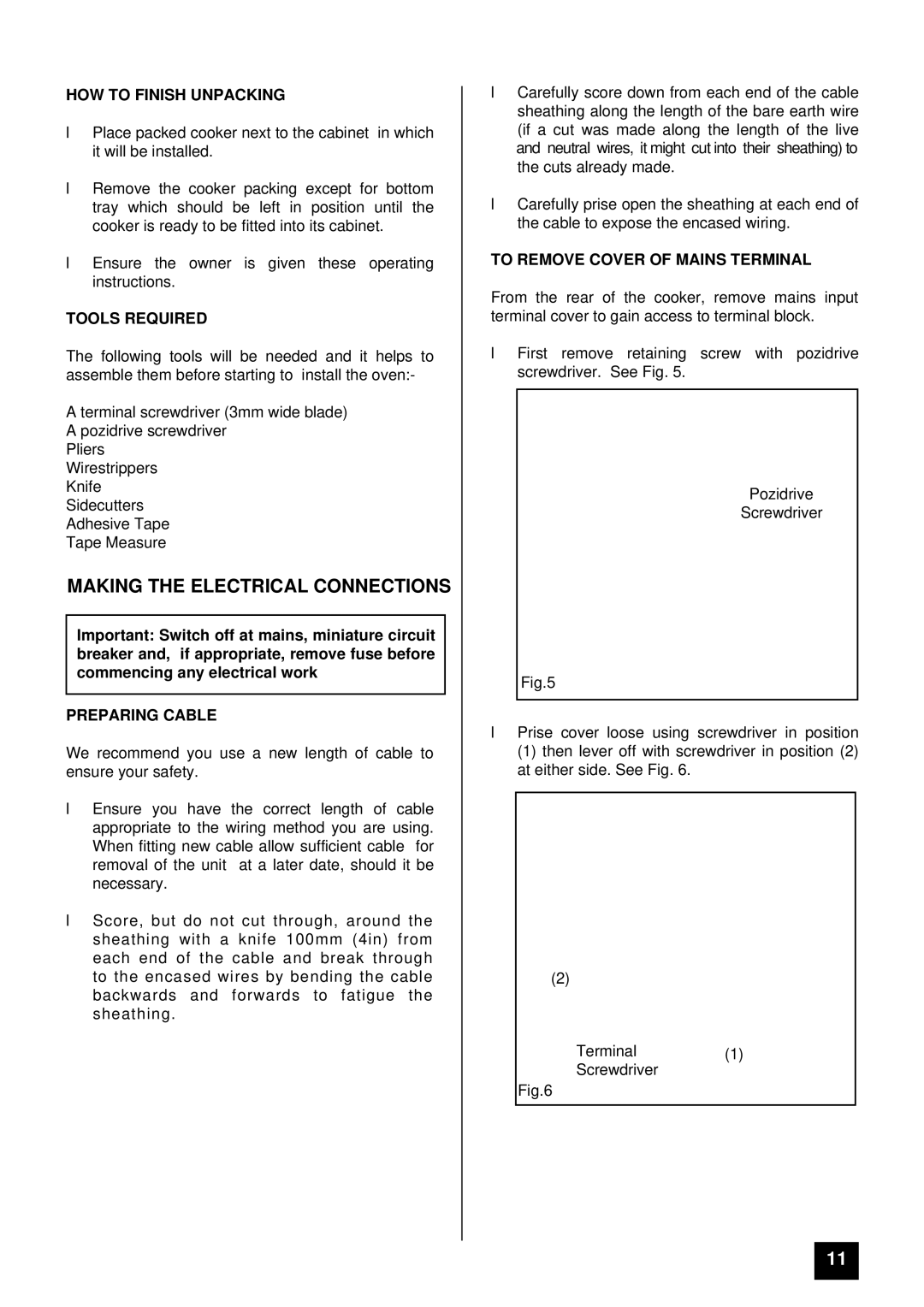 Tricity Bendix BS 613/2 Making the Electrical Connections, HOW to Finish Unpacking, Tools Required, Preparing Cable 