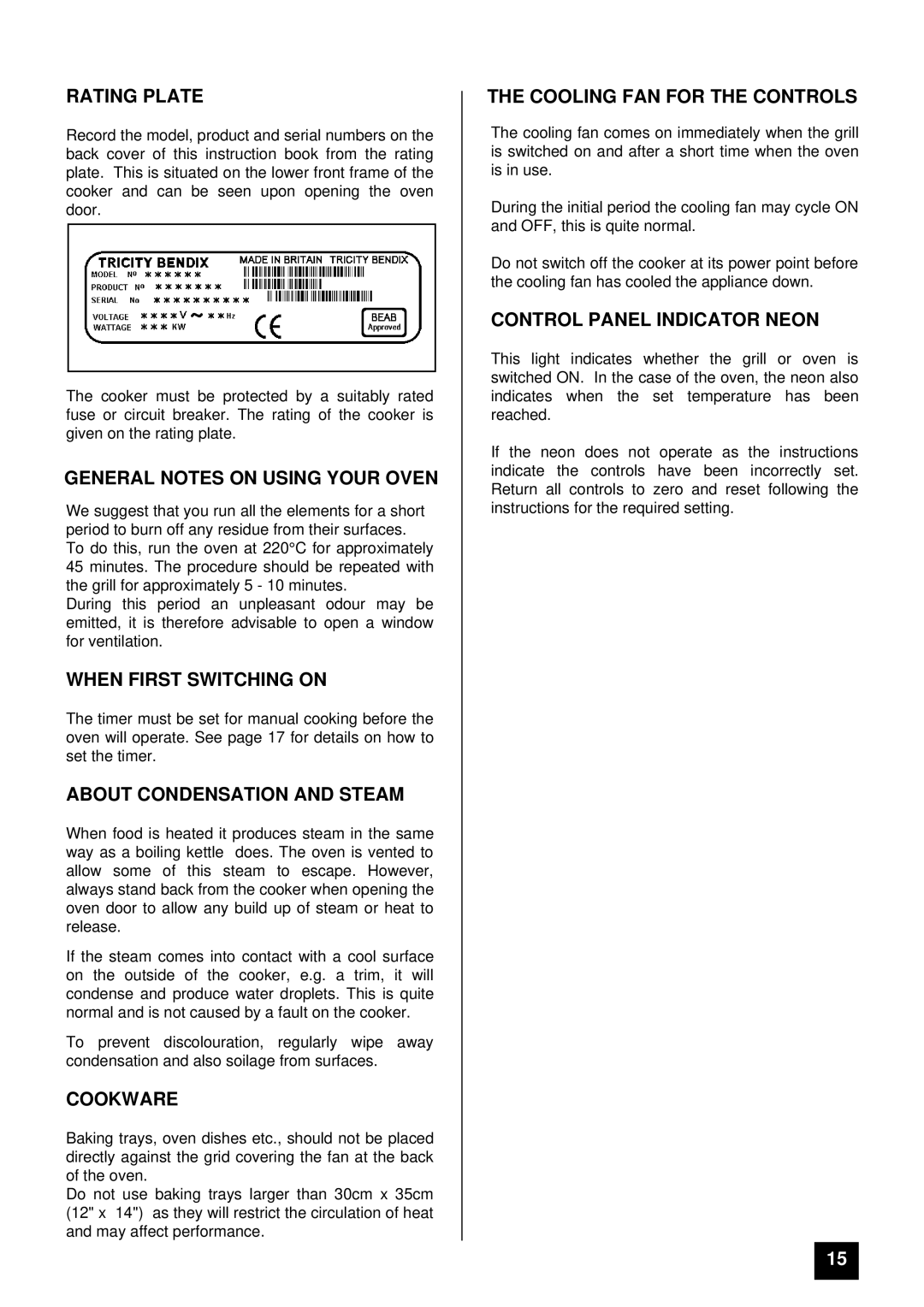 Tricity Bendix BS 613/2 Rating Plate, General Notes on Using Your Oven, When First Switching on, Cookware 