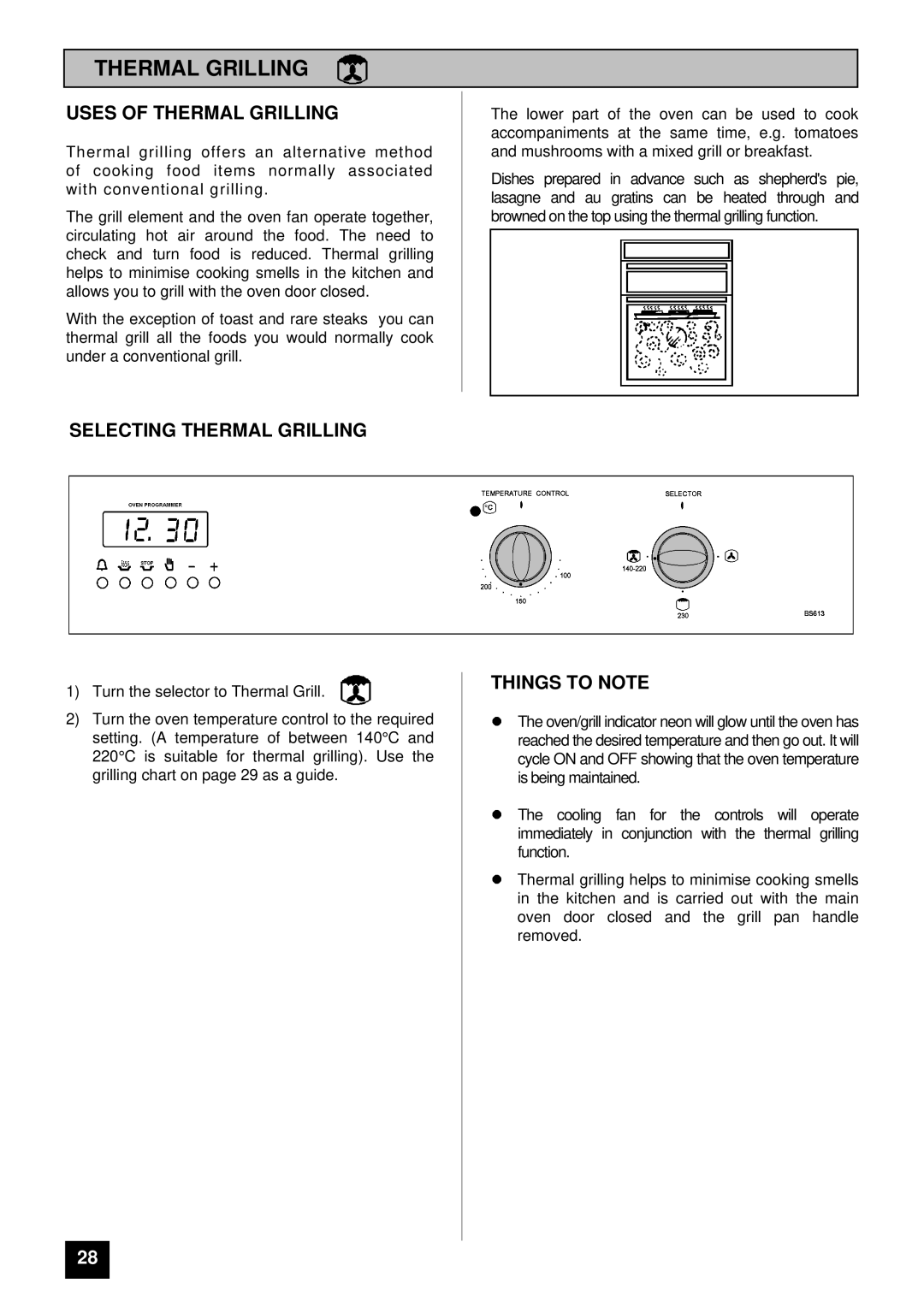 Tricity Bendix BS 613/2 installation instructions Uses of Thermal Grilling, Selecting Thermal Grilling 