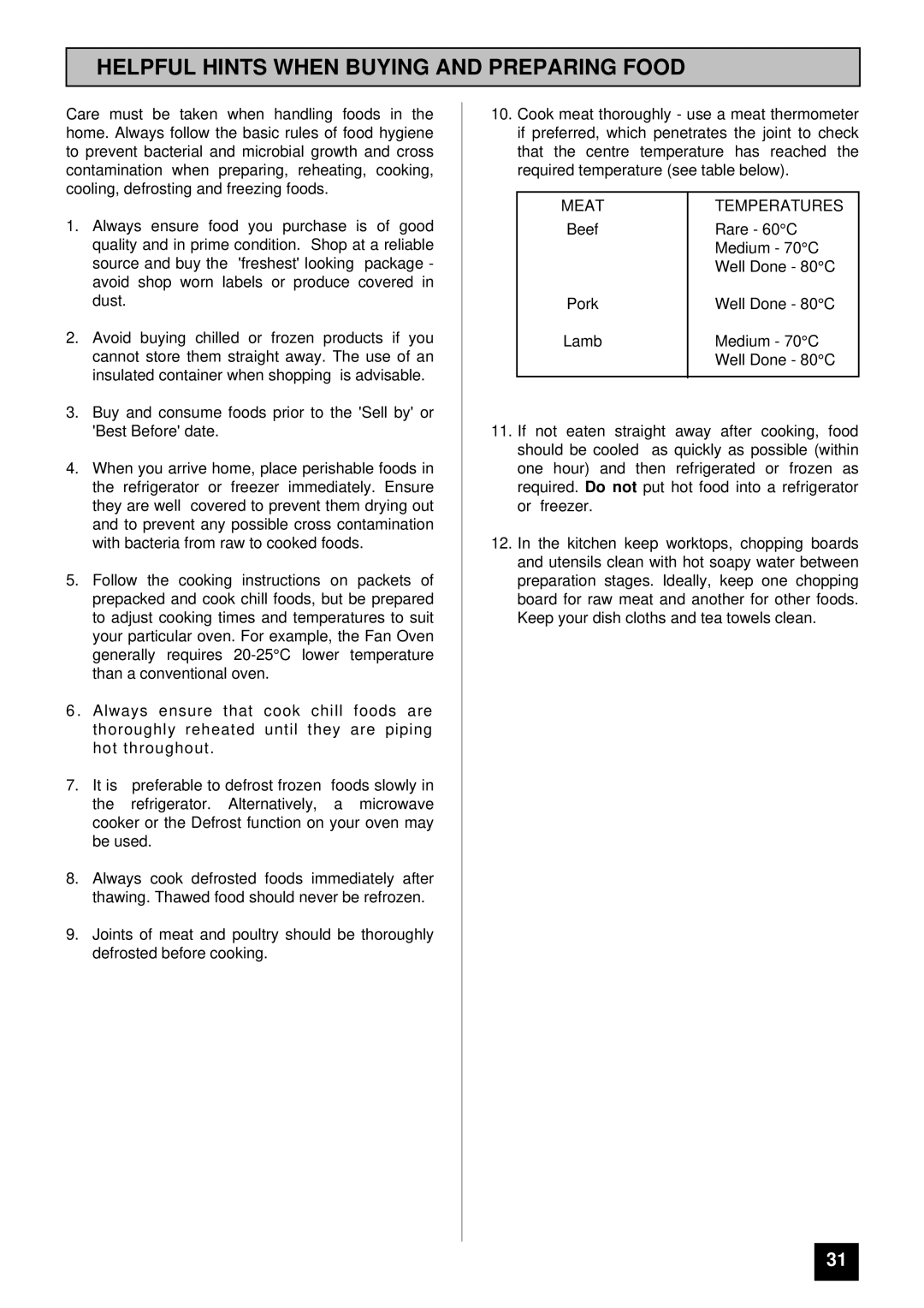 Tricity Bendix BS 613/2 installation instructions Helpful Hints When Buying and Preparing Food, Meat Temperatures 