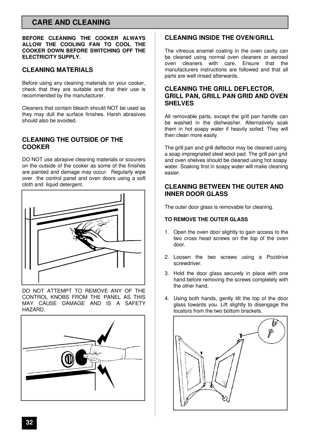 Tricity Bendix BS 613/2 installation instructions Care and Cleaning, Cleaning Materials, Cleaning the Outside of the Cooker 