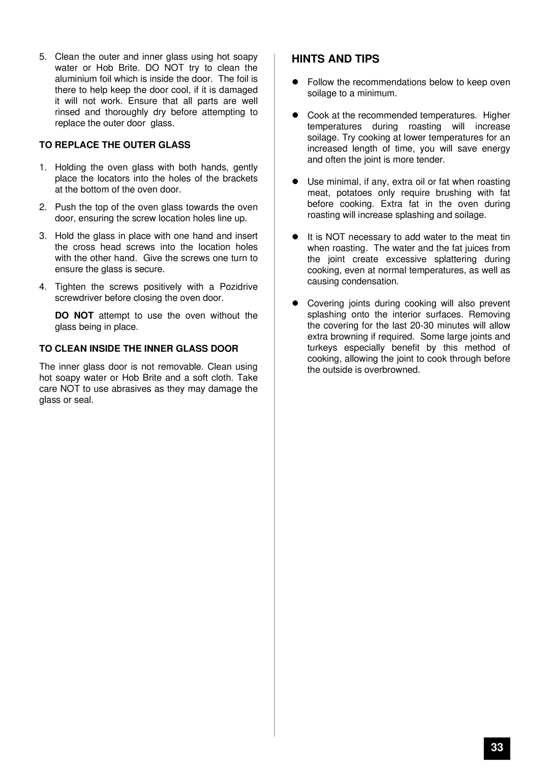 Tricity Bendix BS 613/2 installation instructions To Replace the Outer Glass, To Clean Inside the Inner Glass Door 