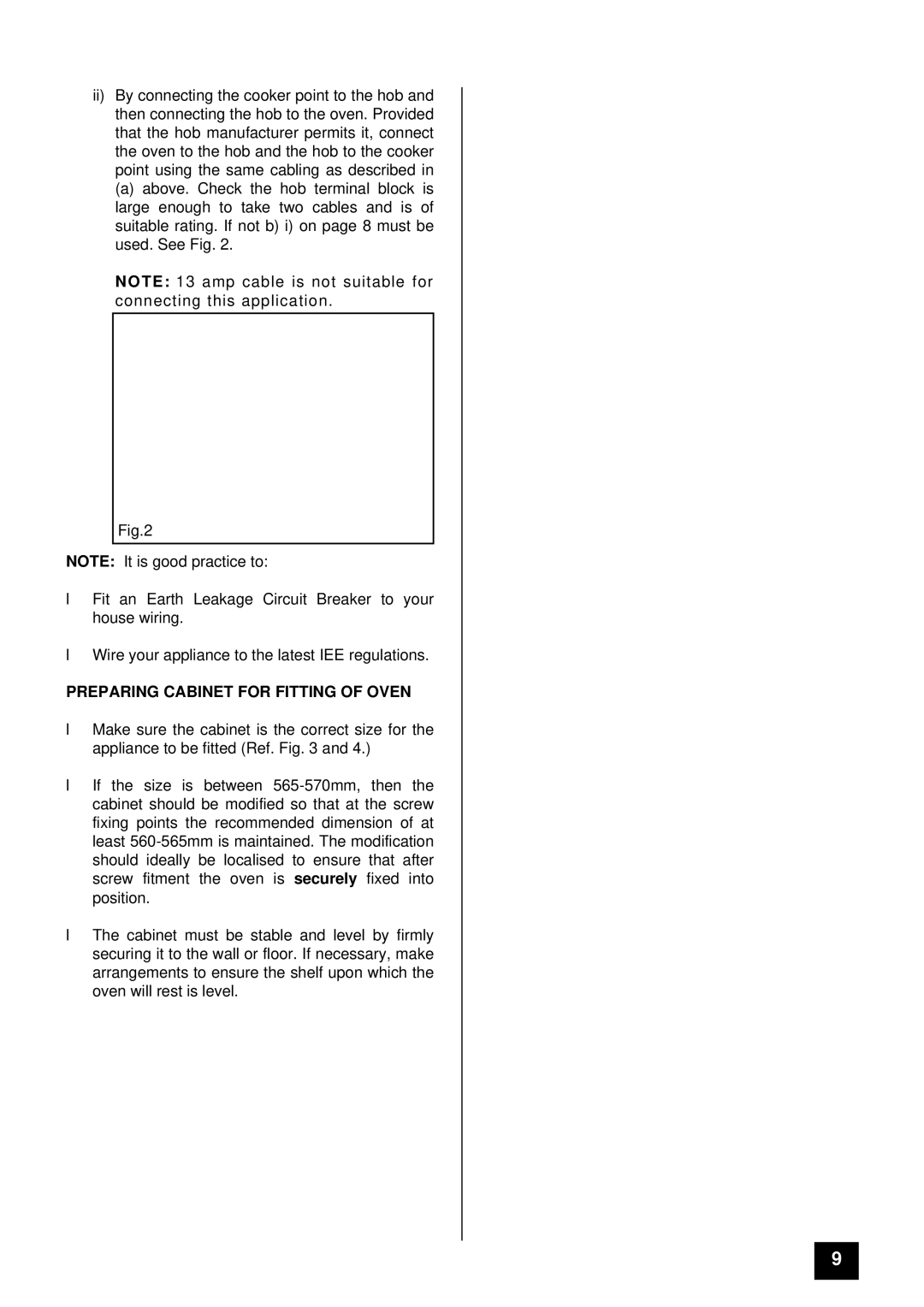 Tricity Bendix BS 613/2 installation instructions Preparing Cabinet for Fitting of Oven 