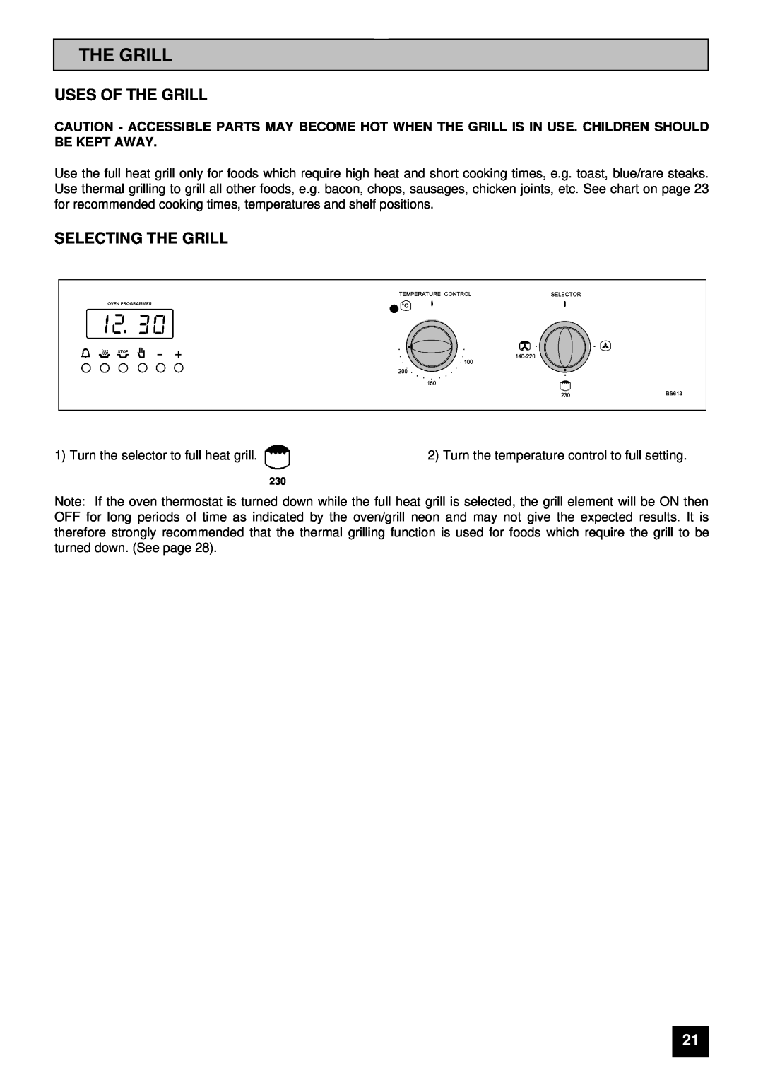 Tricity Bendix BS 613/2 installation instructions Uses Of The Grill, Selecting The Grill 