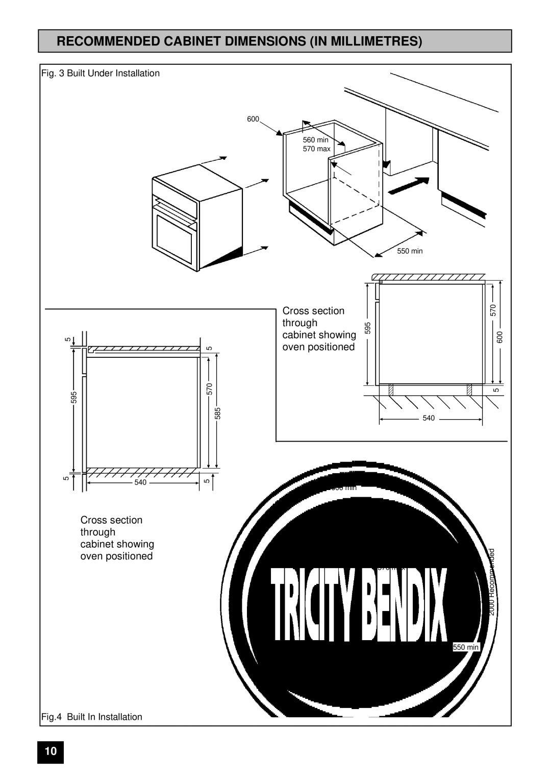 Tricity Bendix BS 615 SO installation instructions Recommended Cabinet Dimensions in Millimetres 