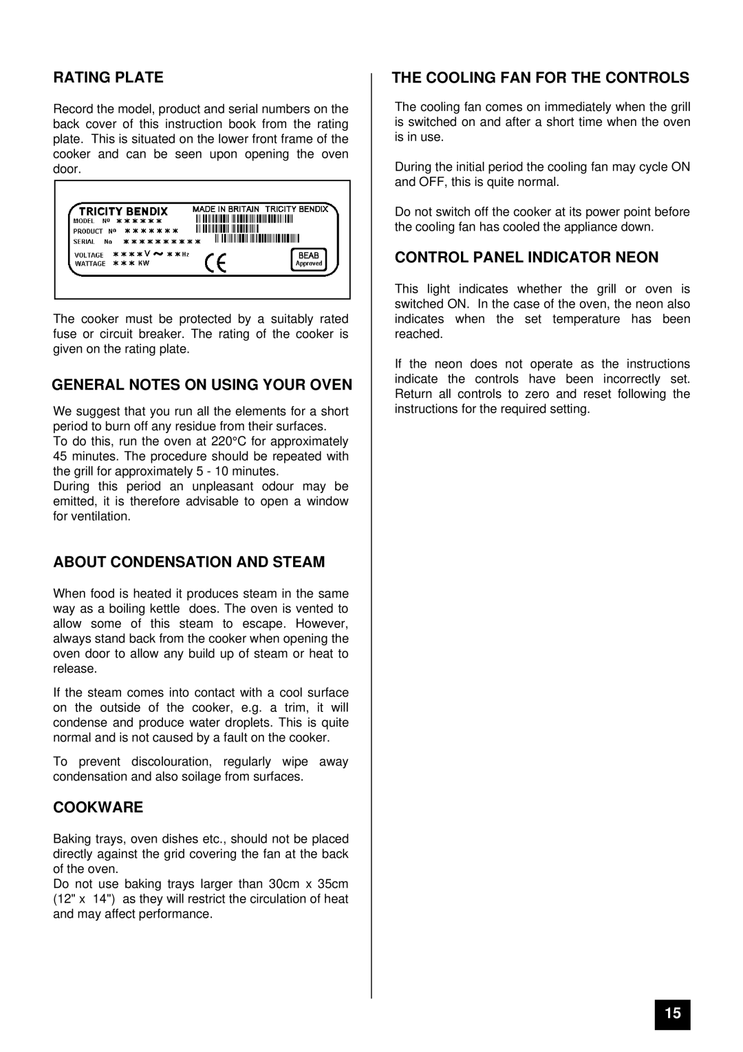 Tricity Bendix BS 615 SO Rating Plate, General Notes on Using Your Oven, About Condensation and Steam, Cookware 