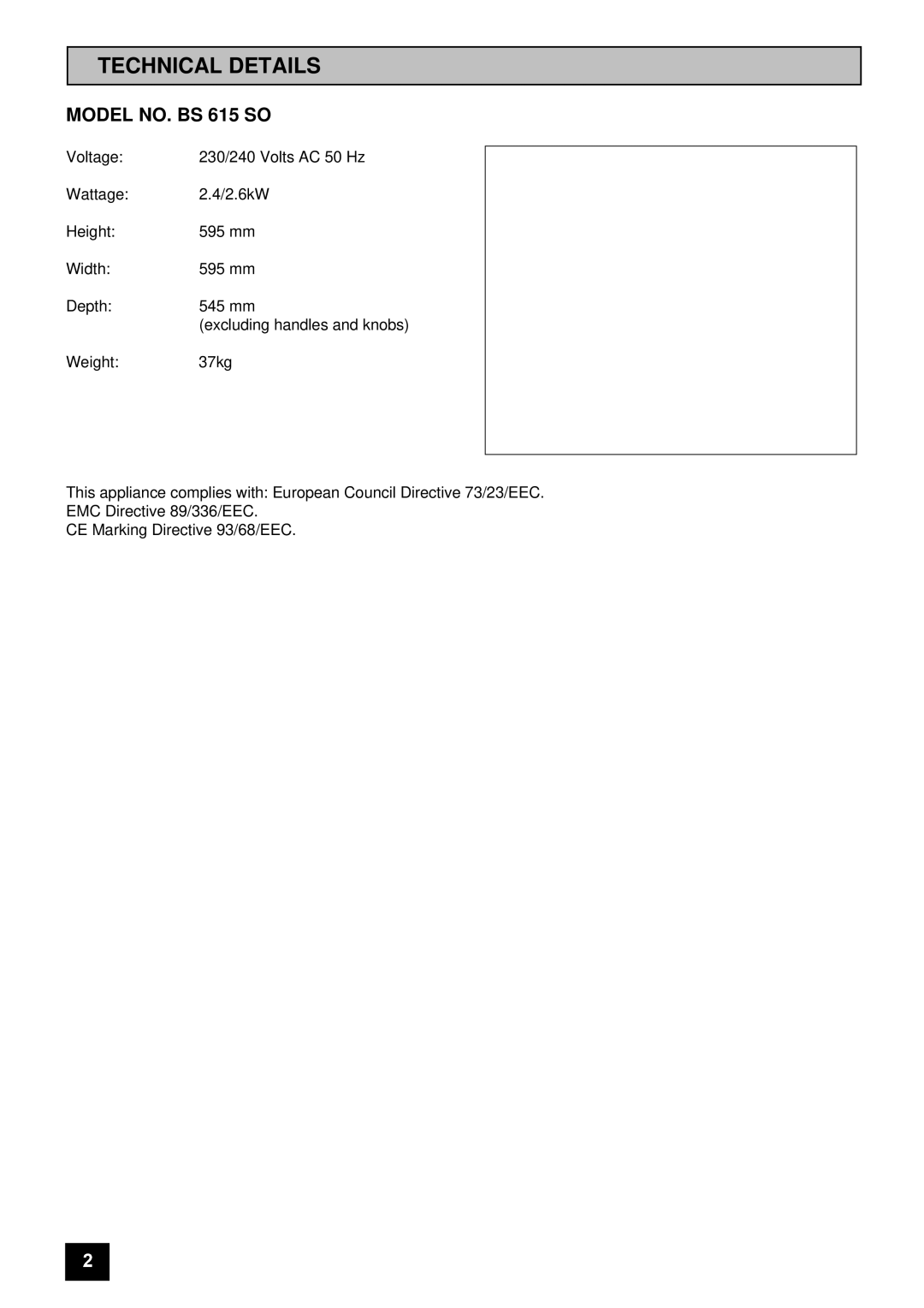 Tricity Bendix installation instructions Technical Details, Model NO. BS 615 SO 