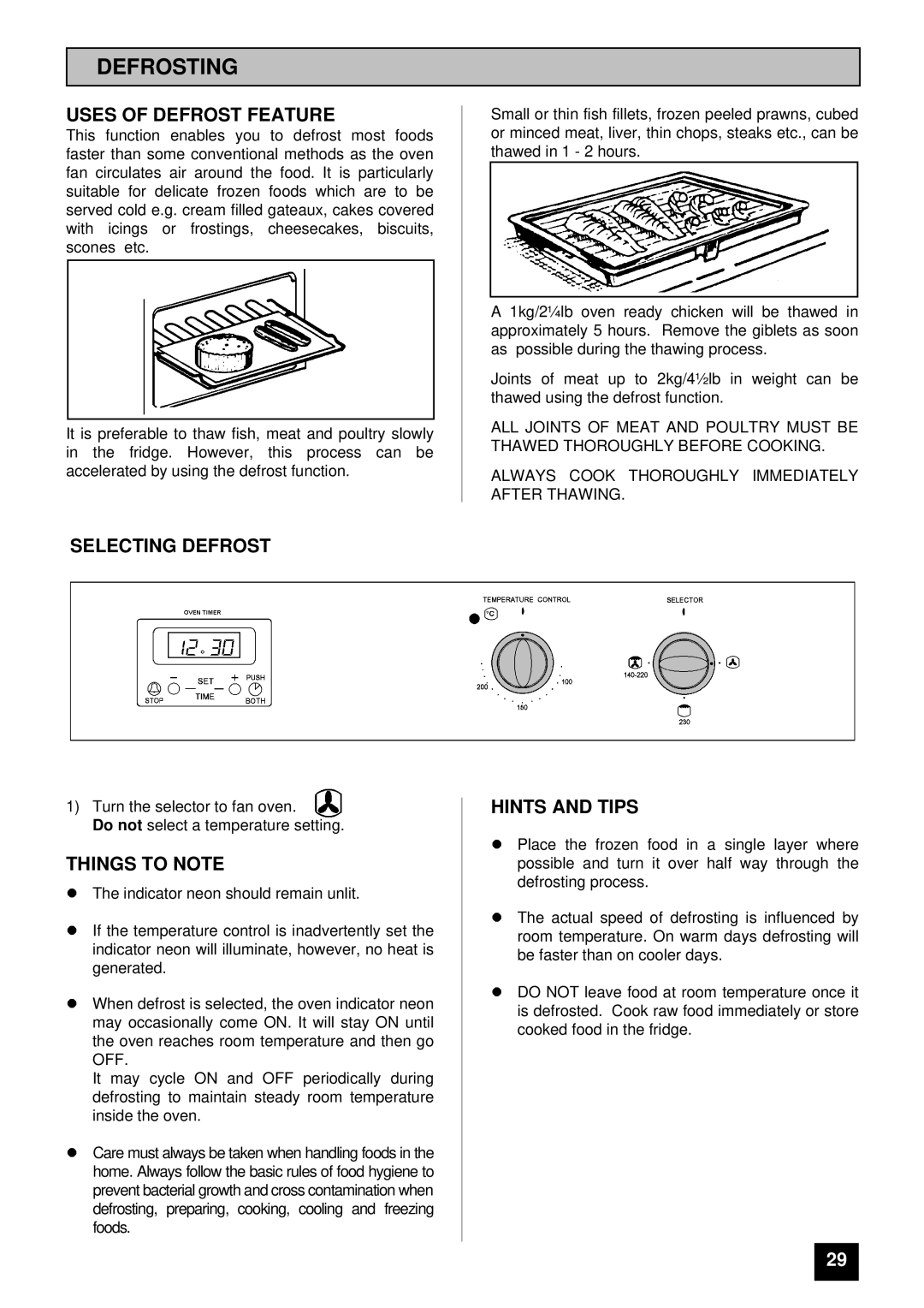 Tricity Bendix BS 615 SO installation instructions Defrosting, Uses of Defrost Feature, Selecting Defrost 