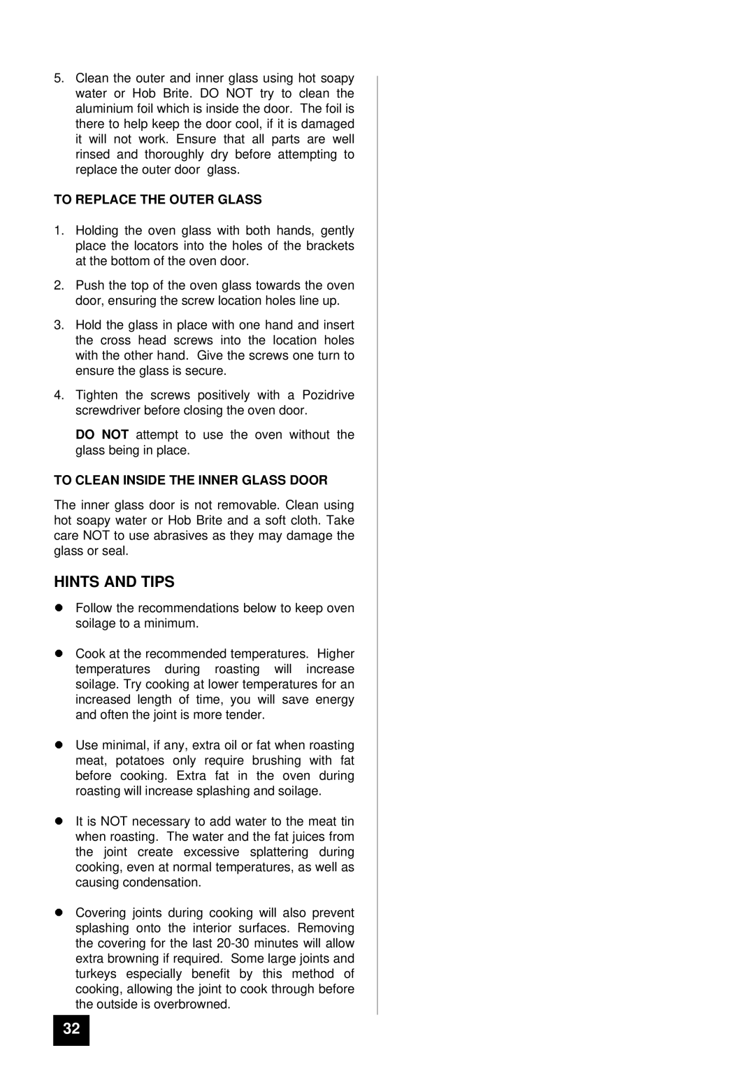 Tricity Bendix BS 615 SO installation instructions To Replace the Outer Glass, To Clean Inside the Inner Glass Door 