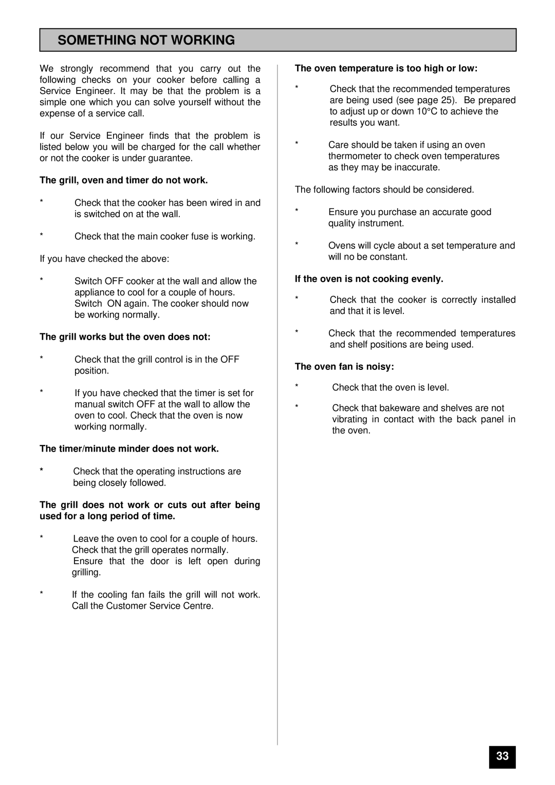 Tricity Bendix BS 615 SO installation instructions Something not Working, Grill, oven and timer do not work 