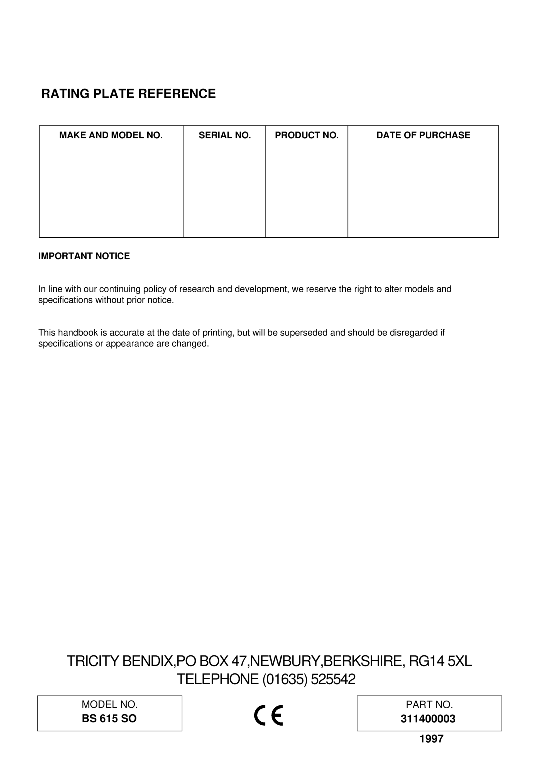 Tricity Bendix BS 615 SO installation instructions Rating Plate Reference 