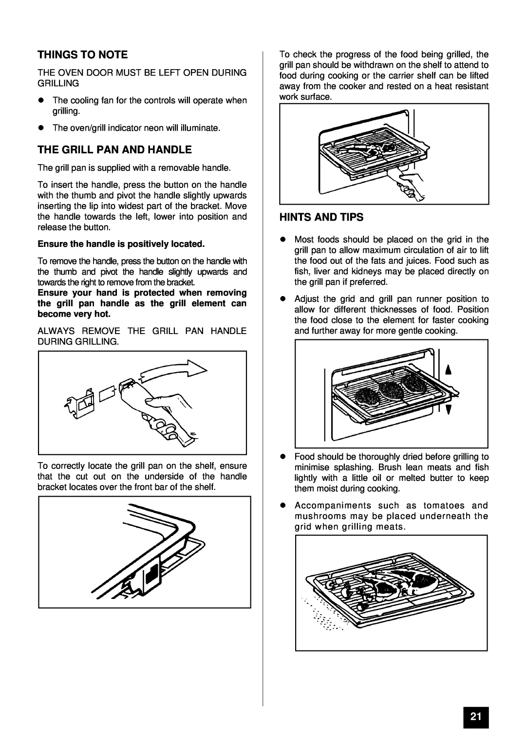 Tricity Bendix BS 615 SO Things To Note, The Grill Pan And Handle, Hints And Tips, Ensure the handle is positively located 
