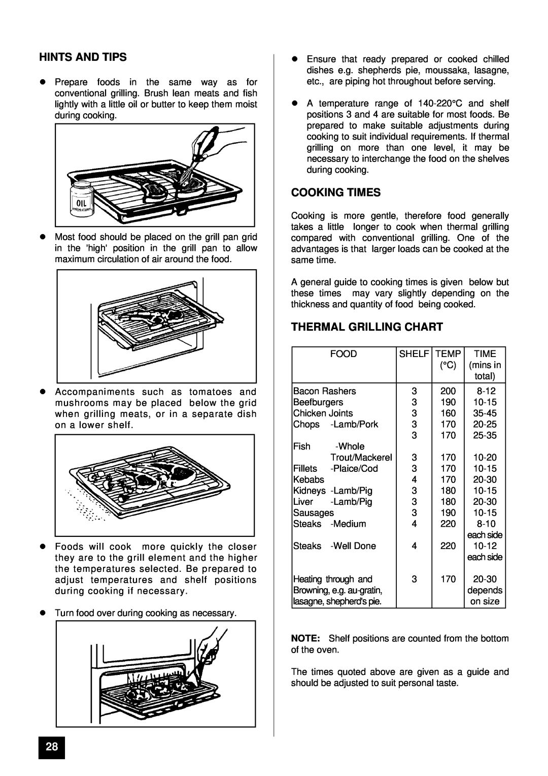 Tricity Bendix BS 615 SO installation instructions Cooking Times, Thermal Grilling Chart, lHINTS AND TIPS 