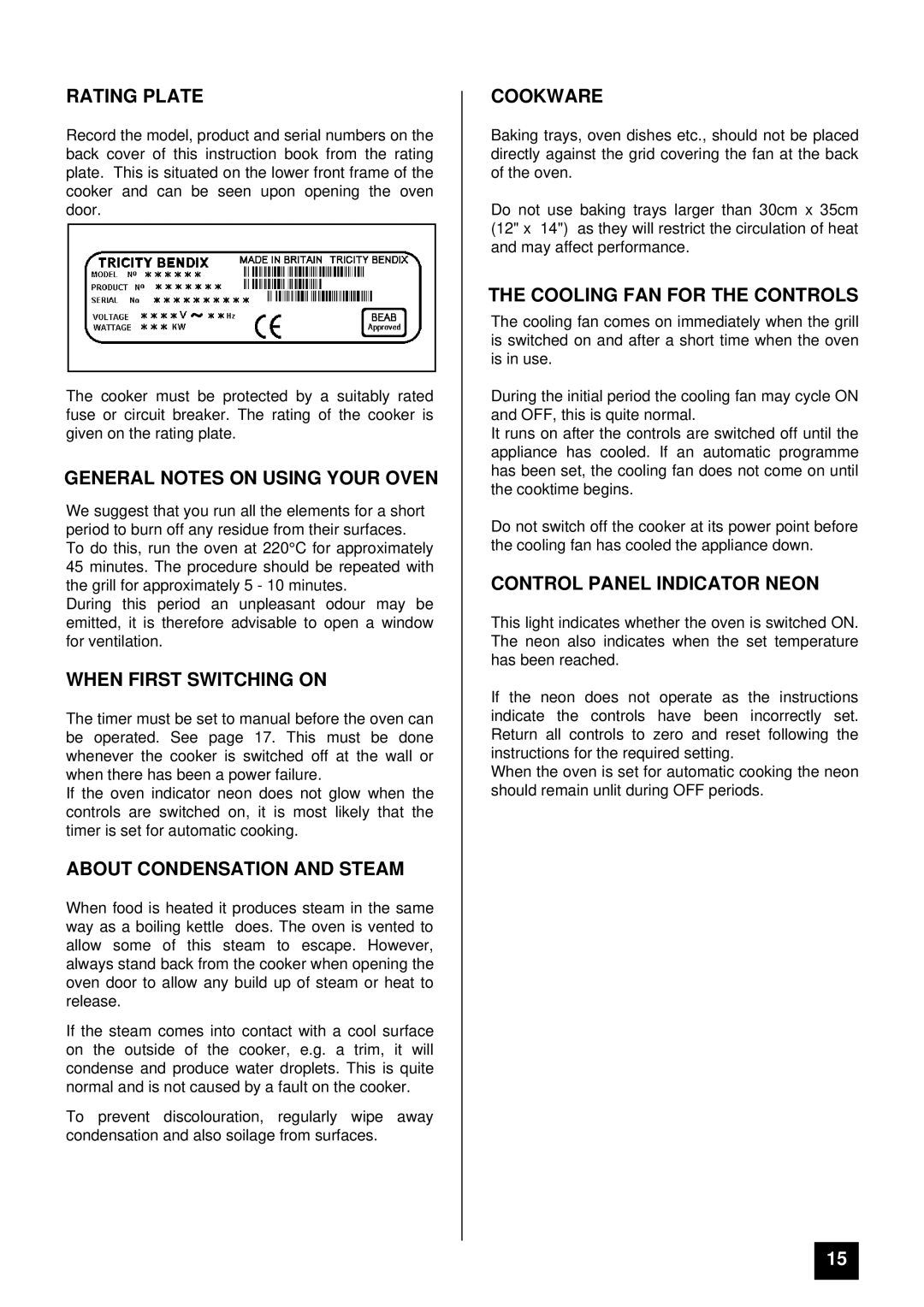 Tricity Bendix BS 621/2 Rating Plate, General Notes on Using Your Oven, When First Switching on, Cookware 