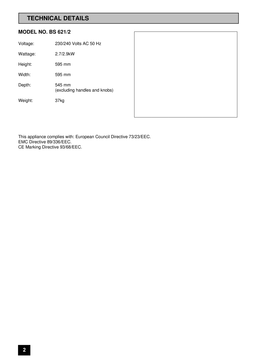 Tricity Bendix installation instructions Technical Details, Model NO. BS 621/2 