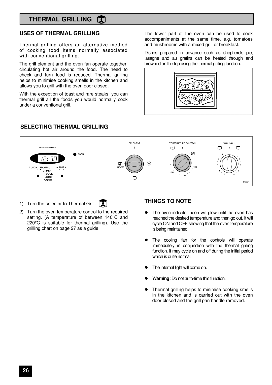 Tricity Bendix BS 621/2 installation instructions Uses of Thermal Grilling, Selecting Thermal Grilling 