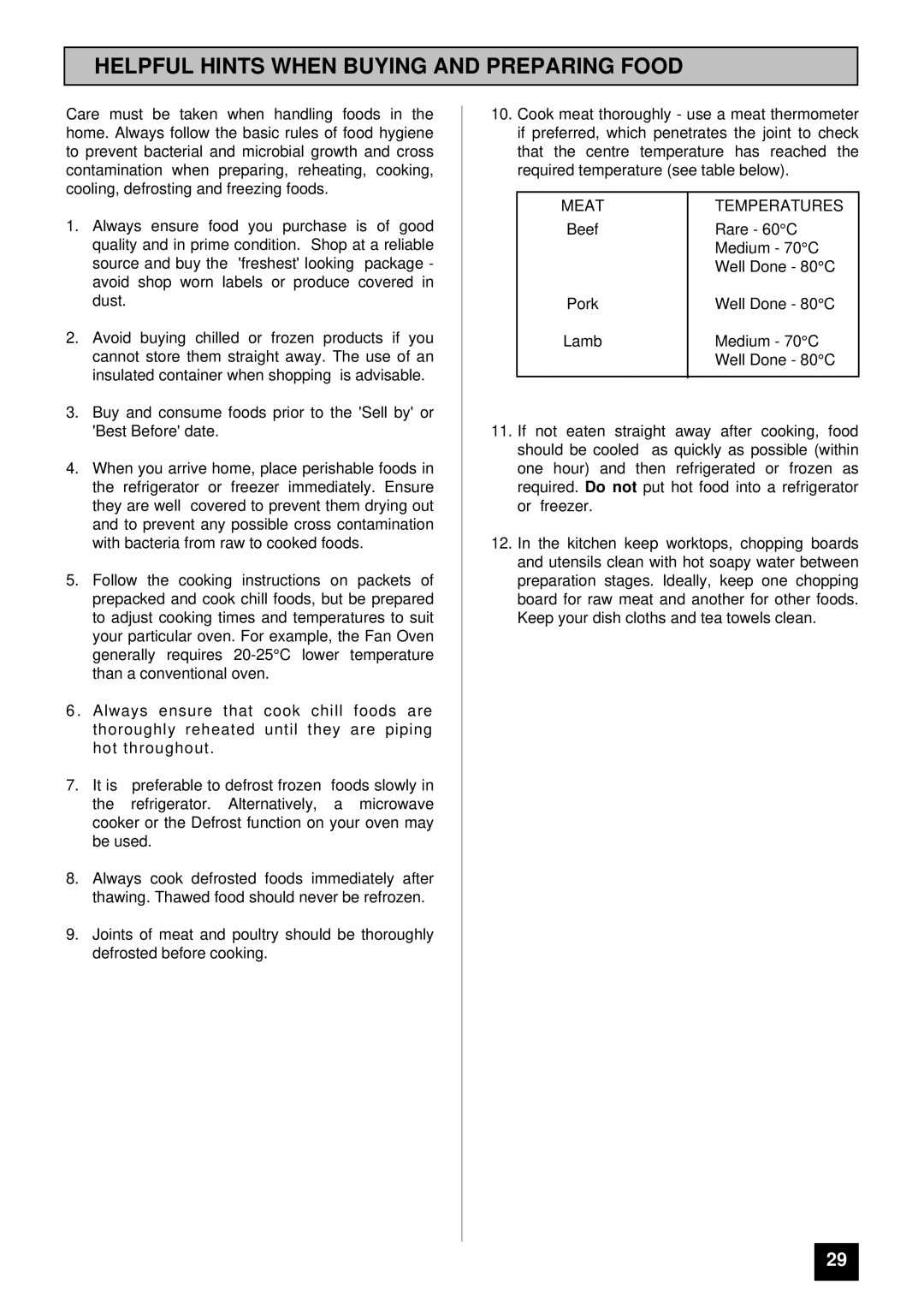 Tricity Bendix BS 621/2 installation instructions Helpful Hints When Buying and Preparing Food, Meat Temperatures 