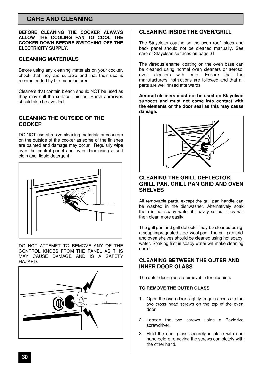 Tricity Bendix BS 621/2 installation instructions Care and Cleaning, Cleaning Materials, Cleaning the Outside of the Cooker 