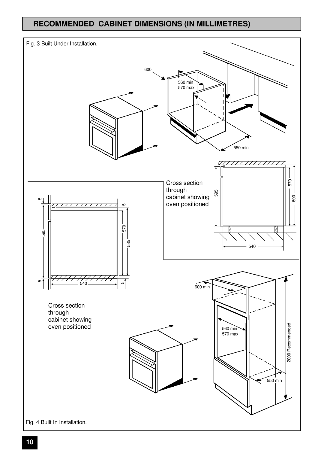 Tricity Bendix BS 631 Recommended Cabinet Dimensions in Millimetres, Cross section Through Cabinet showing Oven positioned 