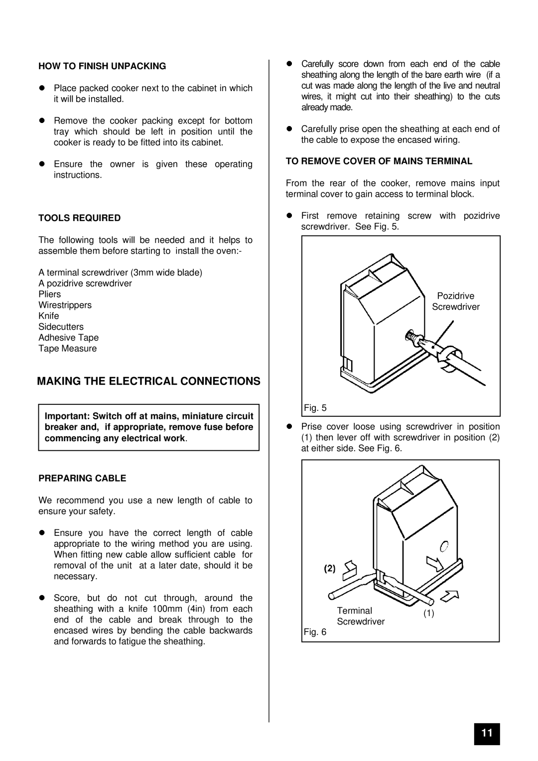 Tricity Bendix BS 631 Making the Electrical Connections, HOW to Finish Unpacking, Tools Required, Preparing Cable 