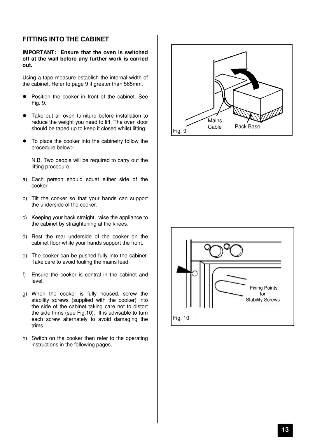 Tricity Bendix BS 631 installation instructions Fitting Into the Cabinet 