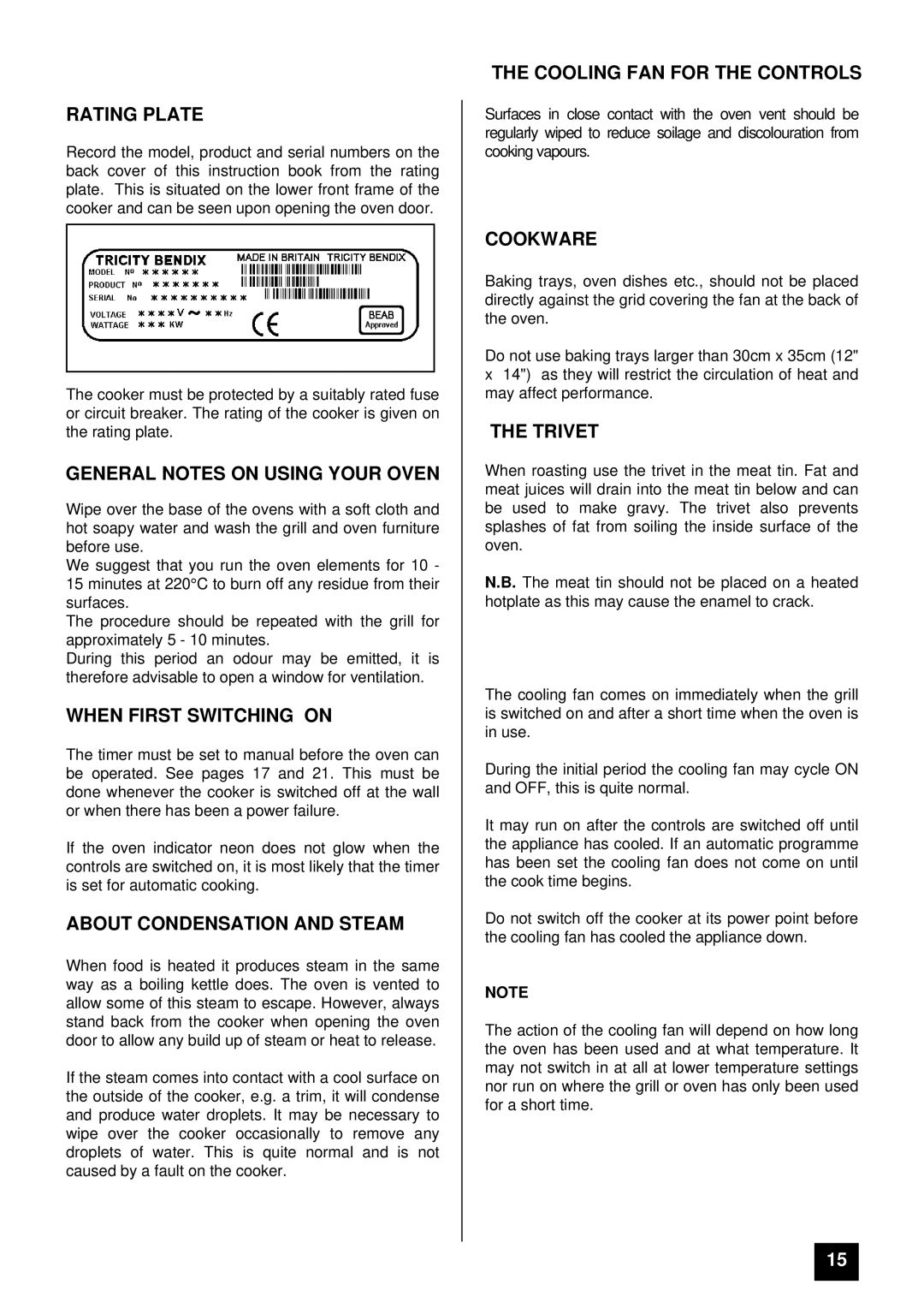 Tricity Bendix BS 631 Rating Plate, General Notes on Using Your Oven, When First Switching on, Cookware, Trivet 