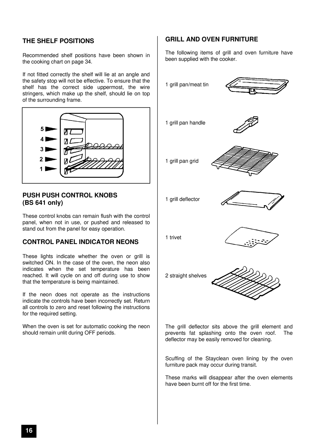 Tricity Bendix BS 631 installation instructions Shelf Positions, Control Panel Indicator Neons, Grill and Oven Furniture 