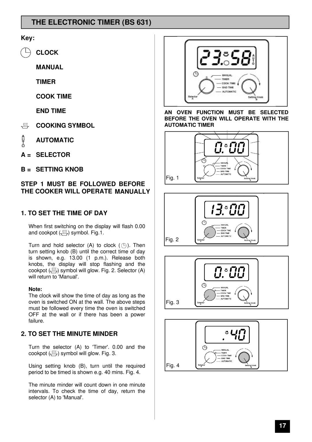 Tricity Bendix BS 631 installation instructions Electronic Timer BS, To SET the Minute Minder 