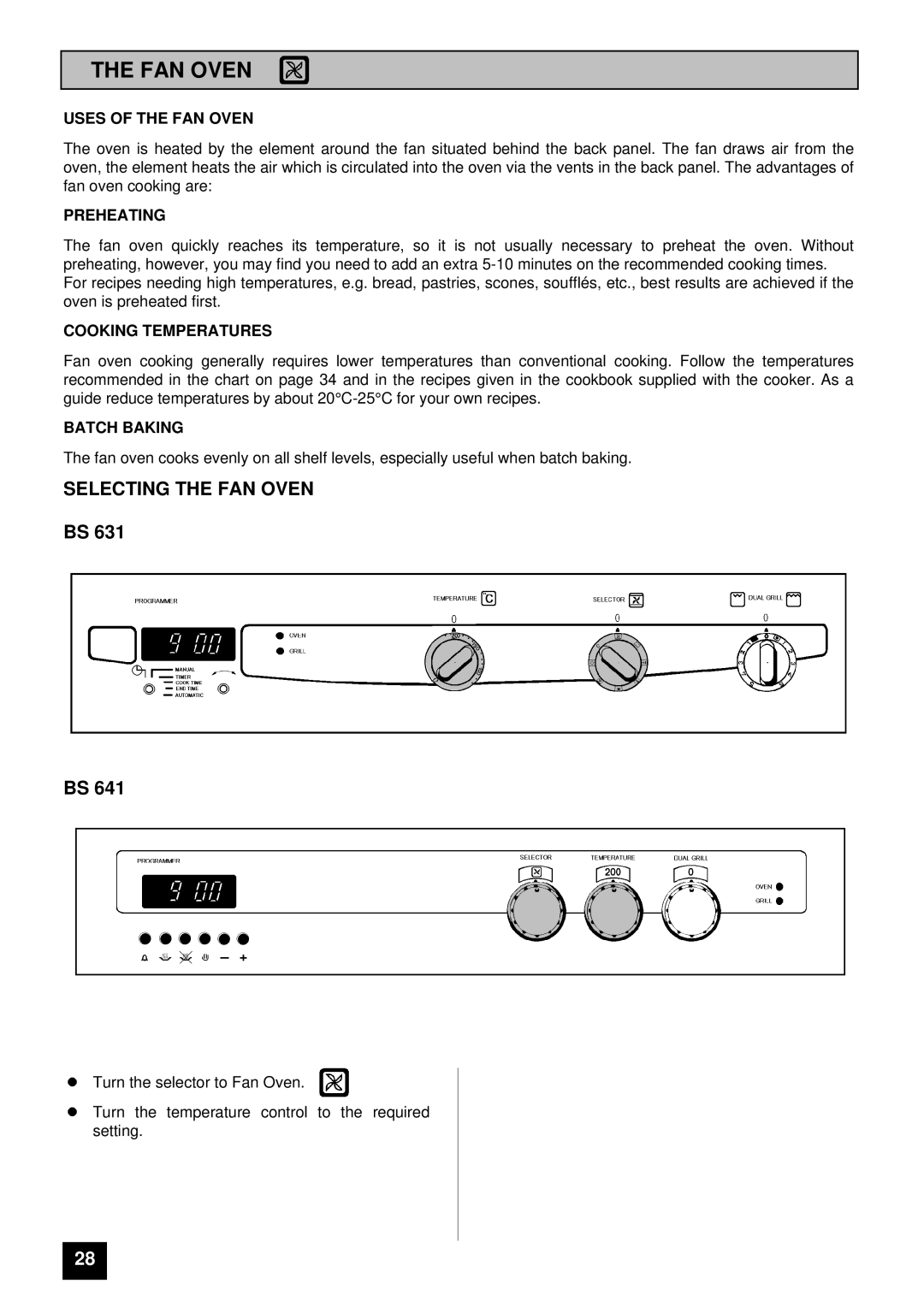 Tricity Bendix BS 631 installation instructions Selecting the FAN Oven 