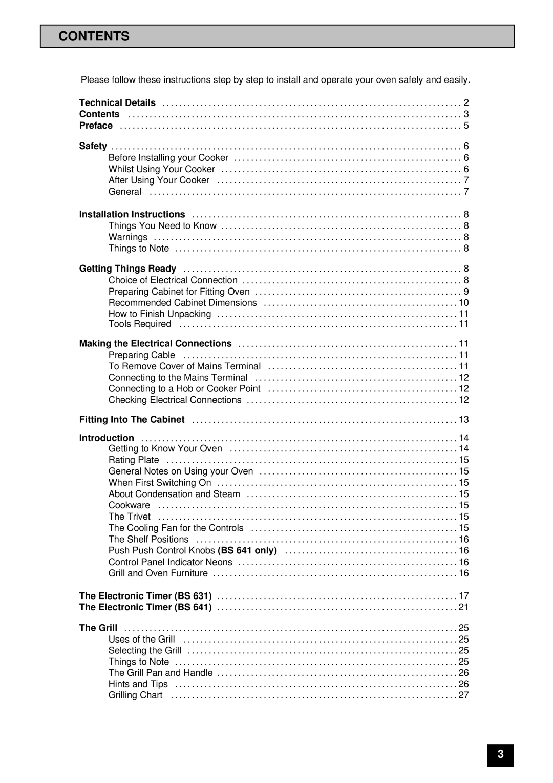 Tricity Bendix BS 631 installation instructions Contents 