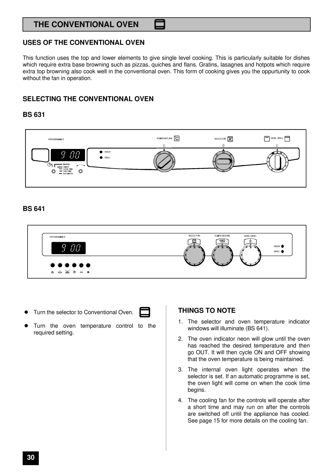 Tricity Bendix BS 631 installation instructions Uses of the Conventional Oven, Selecting the Conventional Oven 