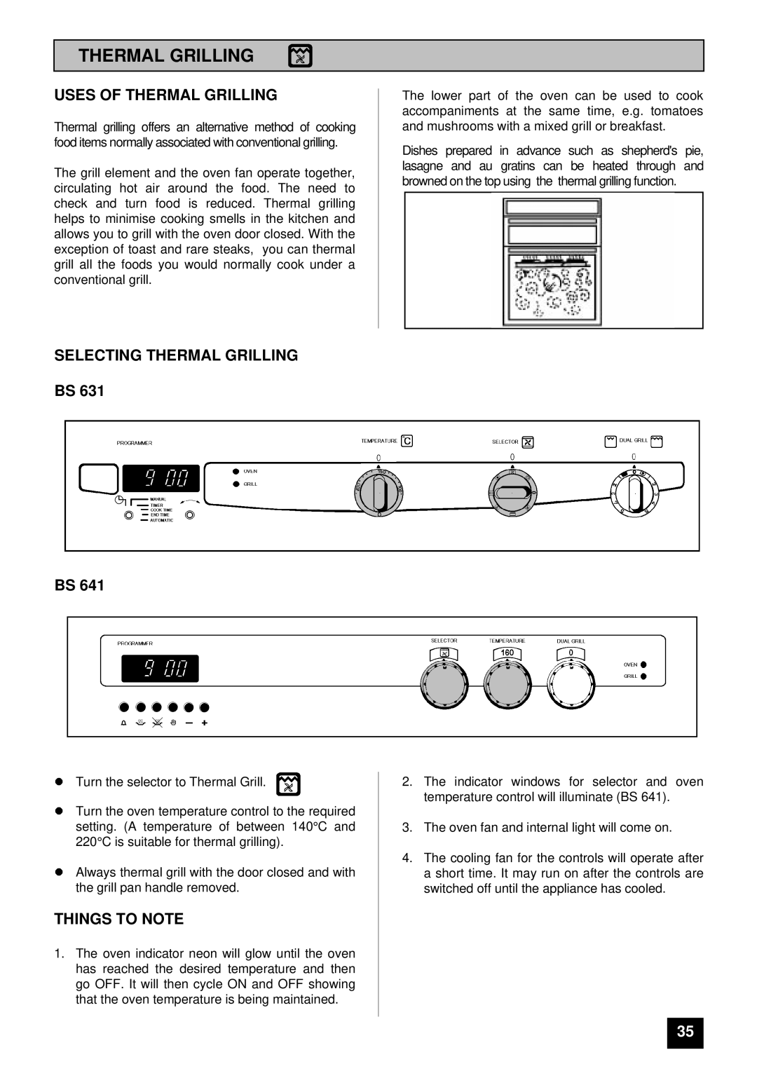 Tricity Bendix BS 631 installation instructions Uses of Thermal Grilling, Selecting Thermal Grilling BS 