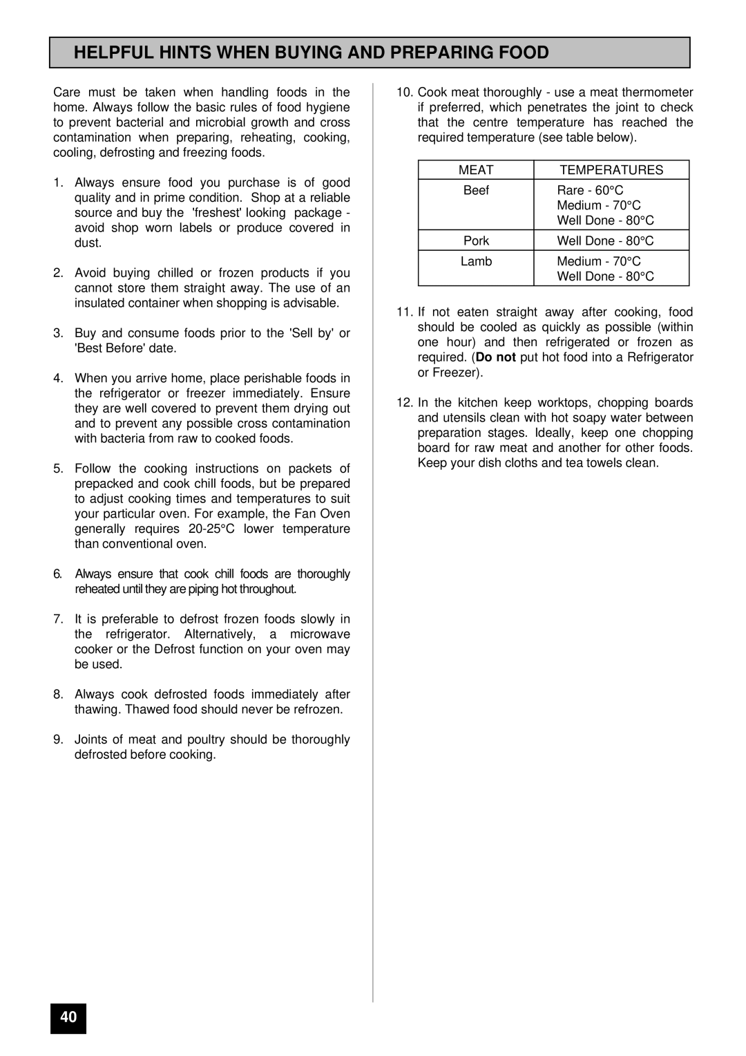 Tricity Bendix BS 631 installation instructions Helpful Hints When Buying and Preparing Food, Meat Temperatures 