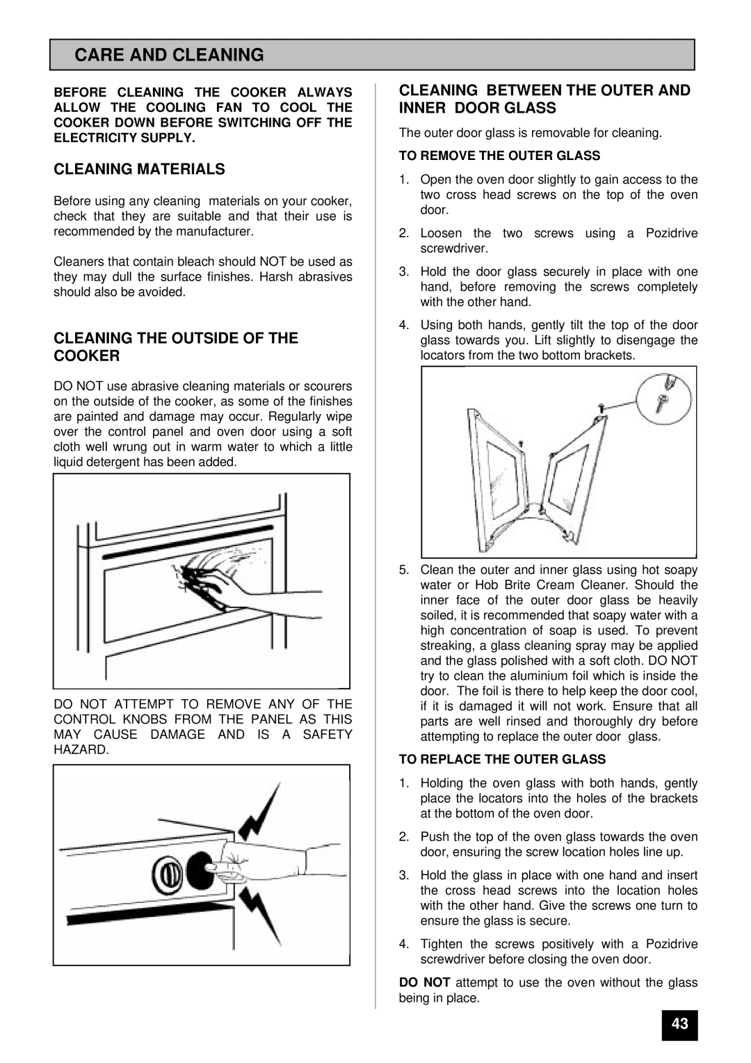 Tricity Bendix BS 631 installation instructions Care and Cleaning, Cleaning Materials, Cleaning the Outside of the Cooker 