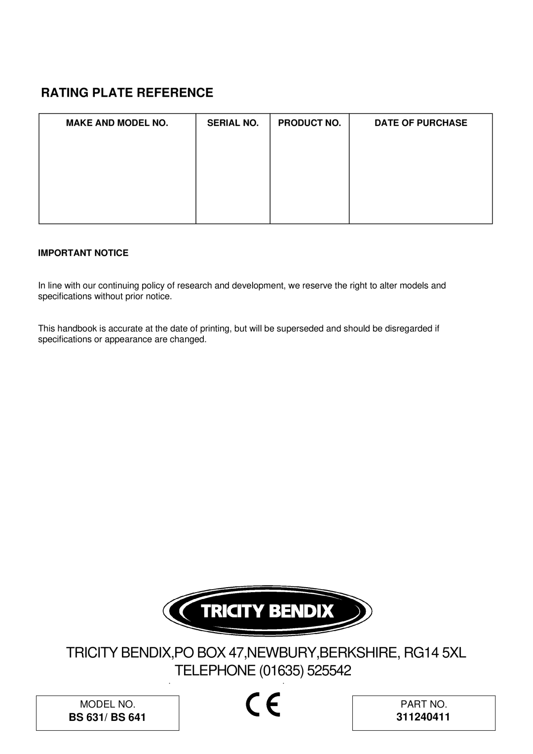 Tricity Bendix BS 631 installation instructions Rating Plate Reference 