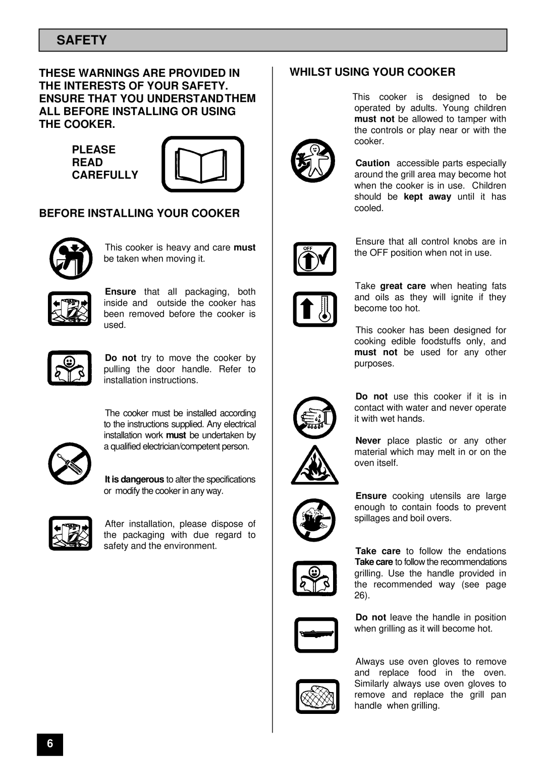 Tricity Bendix BS 631 installation instructions Safety, Whilst Using Your Cooker 