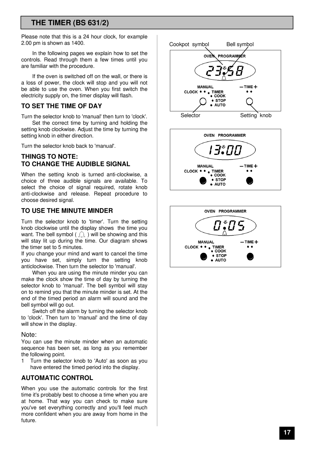 Tricity Bendix BS 631/2 To SET the Time of DAY, Things to Note To Change the Audible Signal, To USE the Minute Minder 