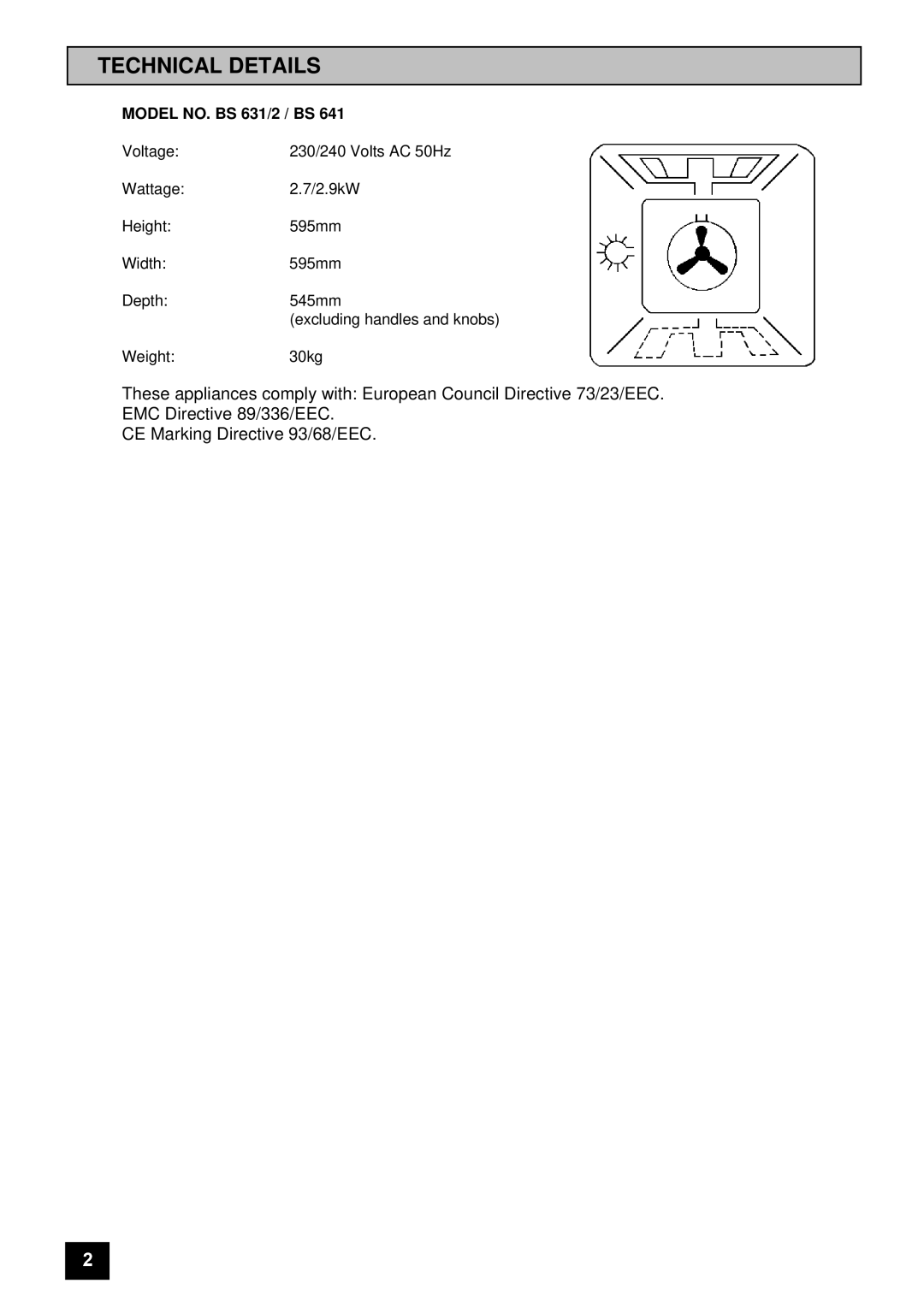 Tricity Bendix installation instructions Technical Details, Model NO. BS 631/2 / BS 