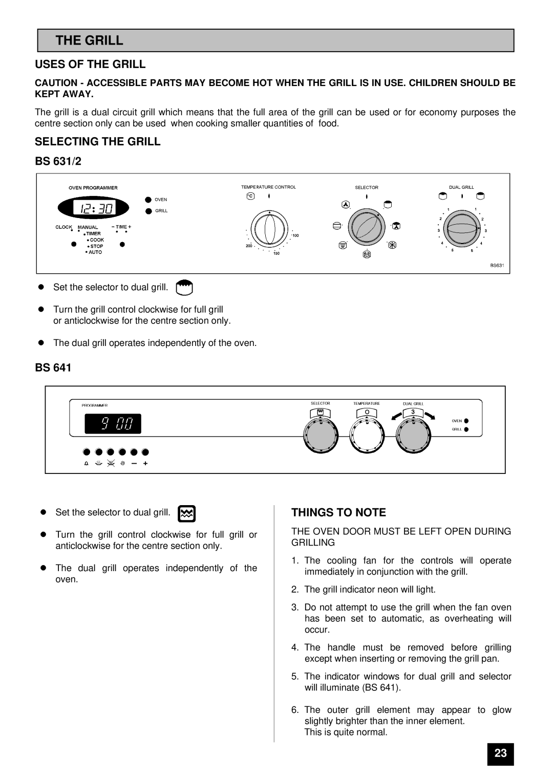 Tricity Bendix BS 631/2 installation instructions Uses of the Grill, Selecting the Grill 