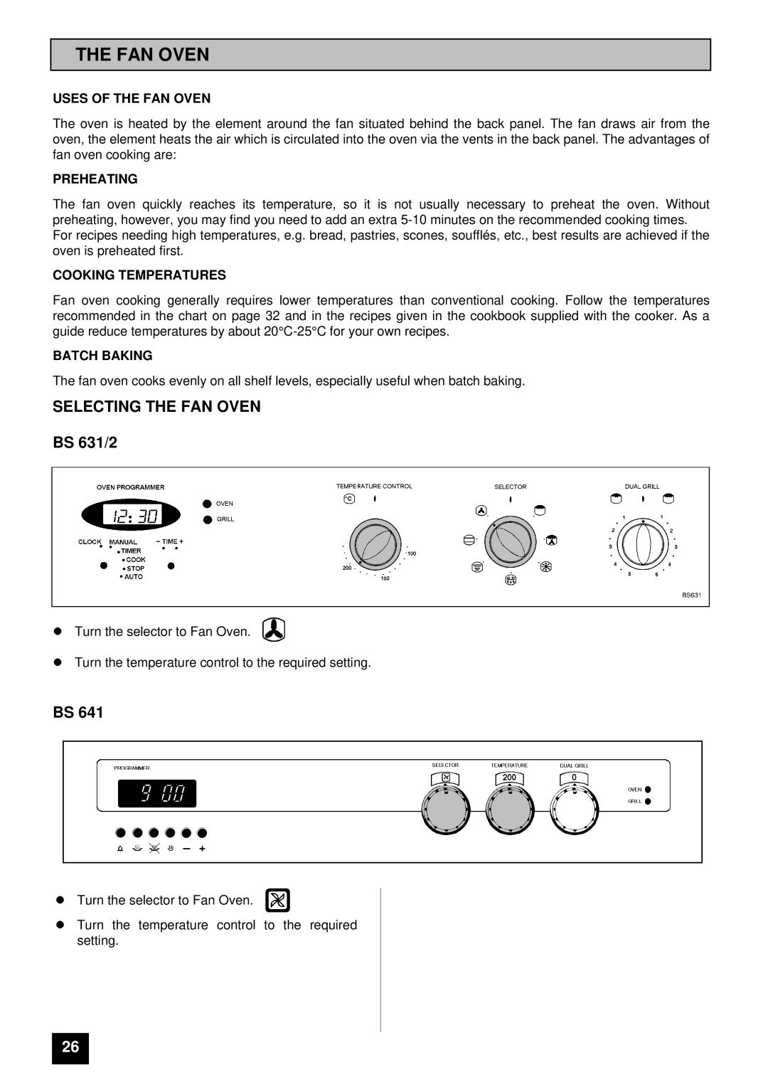 Tricity Bendix BS 631/2 installation instructions Selecting the FAN Oven 