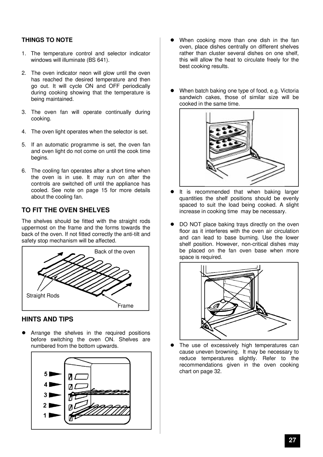 Tricity Bendix BS 631/2 installation instructions To FIT the Oven Shelves, Things to Note 